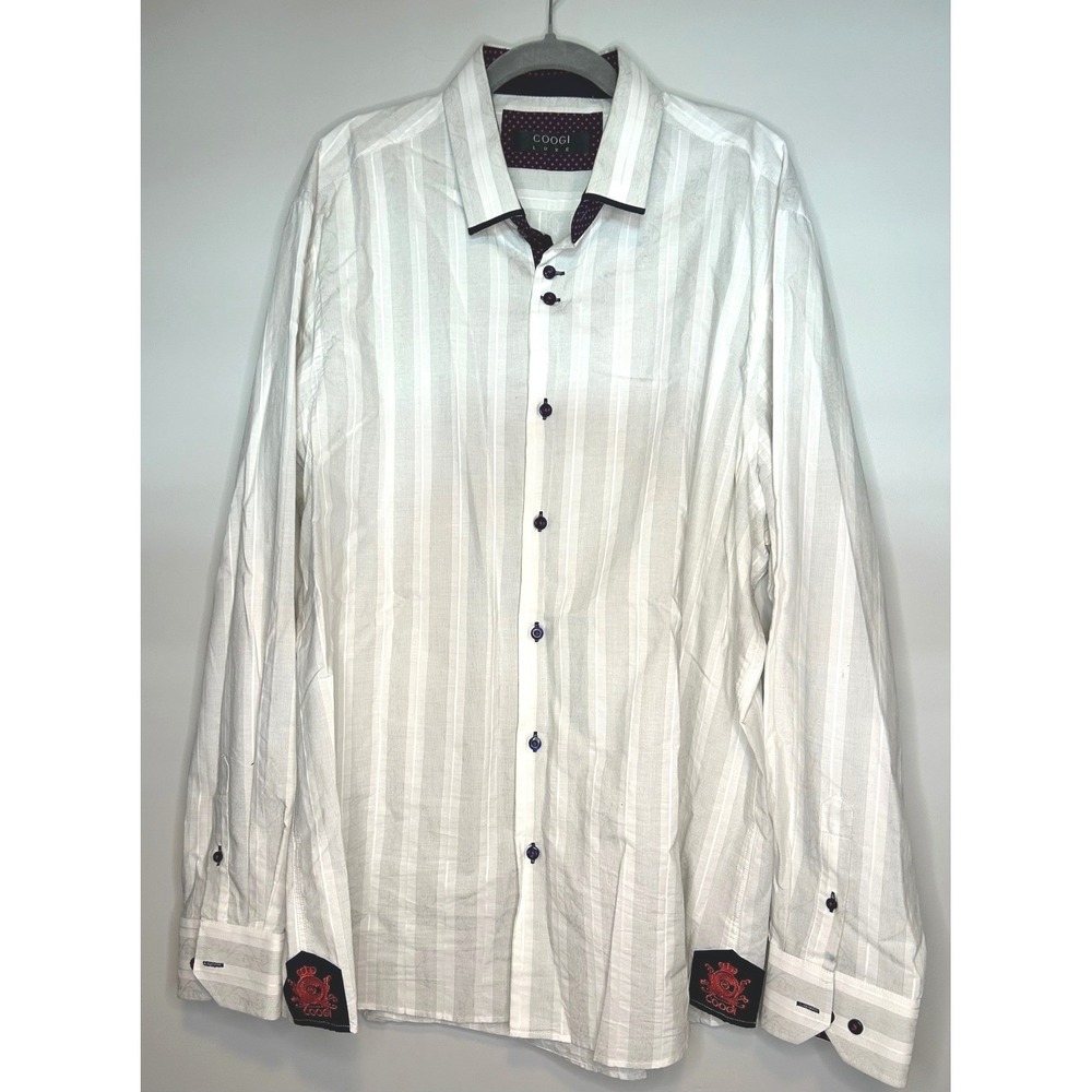 Coogi Luxe Mens 2XL White Grey‎ Striped Long Sleeve Button Down Shirt Crest Logo